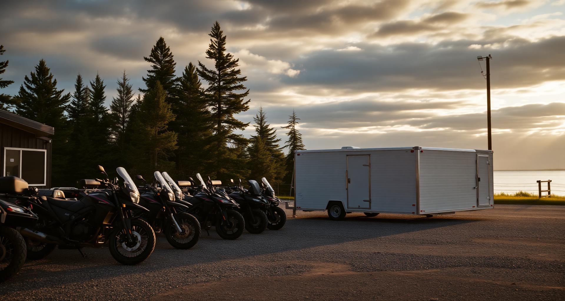 Motorcycles, ATVs, and an enclosed trailer at the Richter Sales lot in Cedarville, Michigan